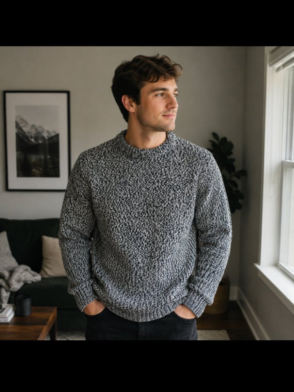 J Crew Marled Cotton Crewneck Sweater Navy/White Men's Large